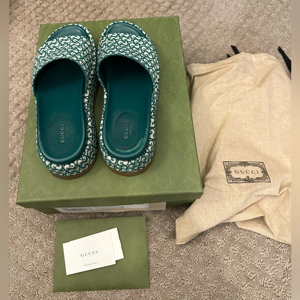 Gucci Angelina slide sandals GG logo platform emerald green canvas tan 39 - Picture 3 of 5